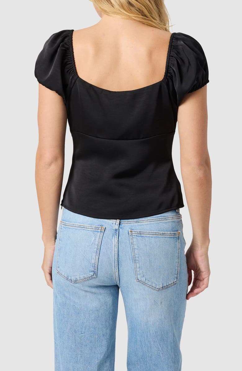 All in Favor Lace Trim Puff Sleeve Satin Top, Alternate, color, Black