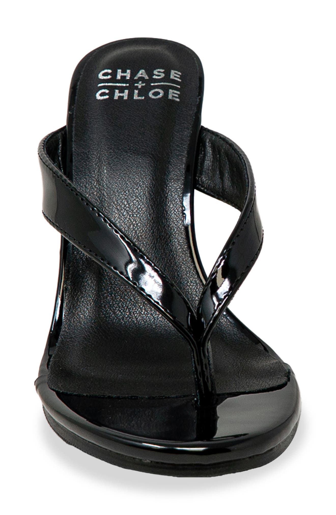 CHASE AND CHLOE Toe Post Wedge Sandal, Alternate, color, Black Patent