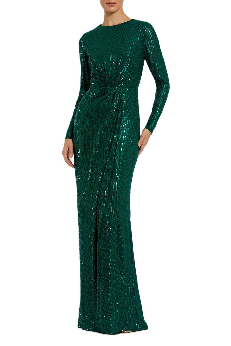 Sequin Long Sleeve High Neck Column Gown, Main, color, Emerald