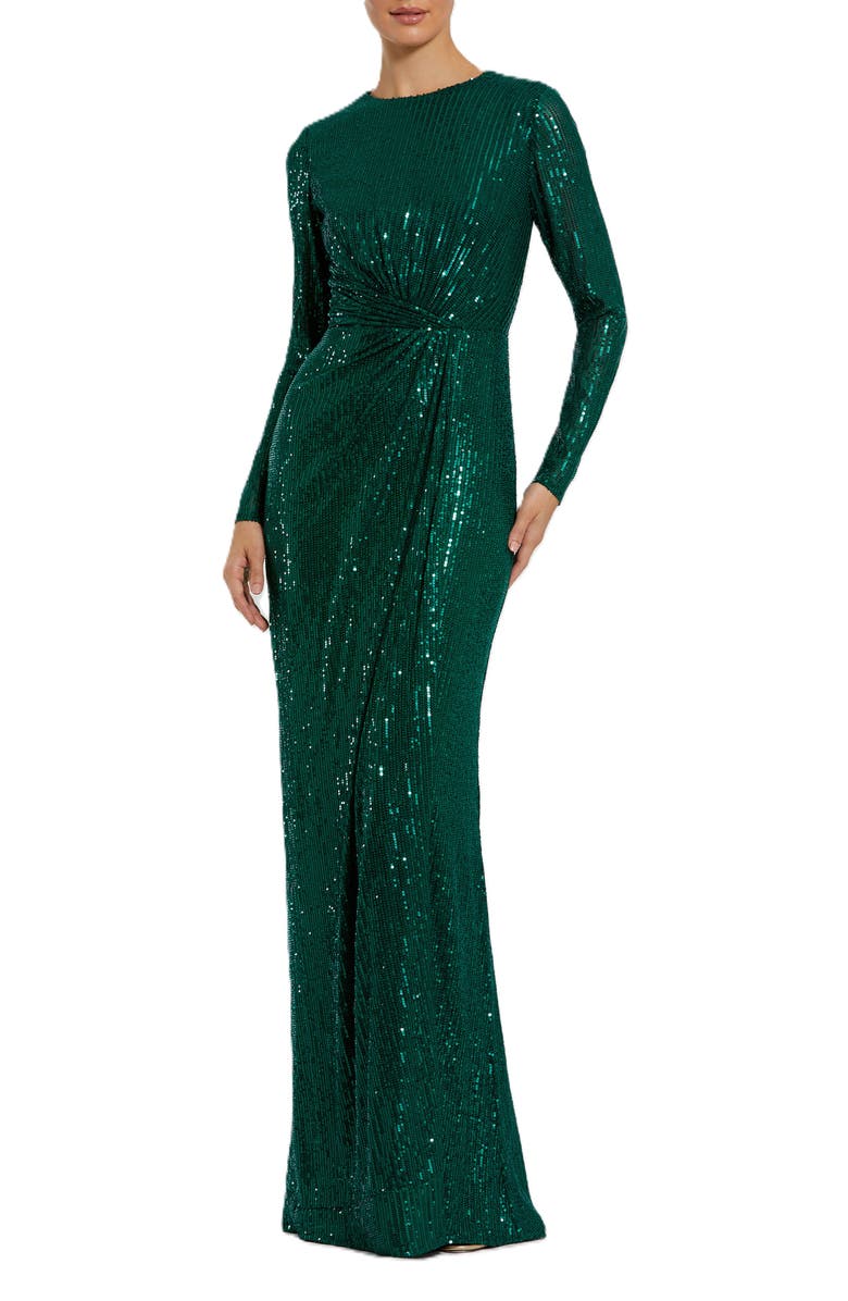 Mac Duggal Sequin Long Sleeve High Neck Column Gown, Main, color, Emerald
