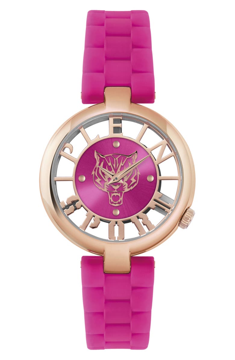 PLEIN SPORT Tiger Luxe Quartz Silicone Strap Watch, 36mm, Main, color, Rose Gold