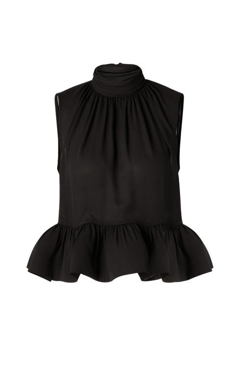 Malina Lune Halterneck Frilled Hem Blouse In Black