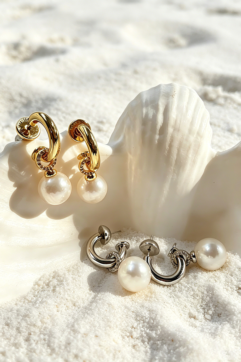 Sia Shell Pearl Drop Hoop Earrings, Alternate, color, Gold