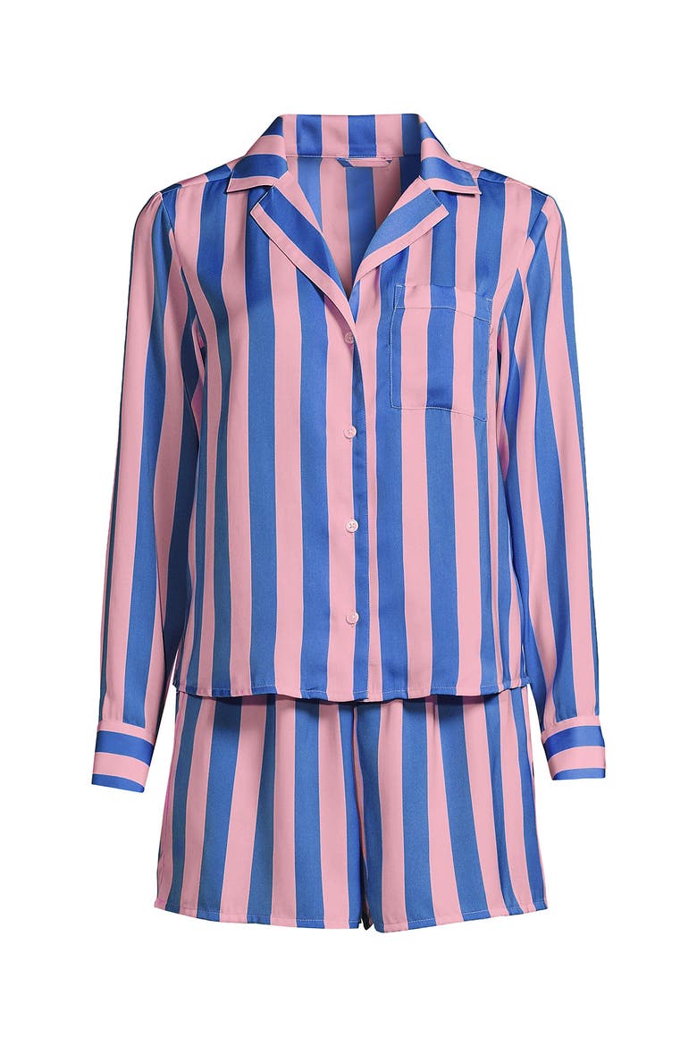 Plus Size Matte Satin 2 Piece Pajama Set - Long Sleeve Top and Shorts, Alternate, color, Light Rose Pink/Brisk Blue