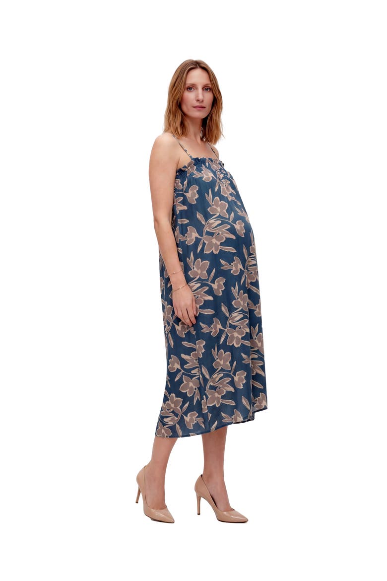 Maternity Essential Floral Print Spaghetti Strap Smocked Pocket A-Line Maxi Dress, Alternate, color, Blue Multi