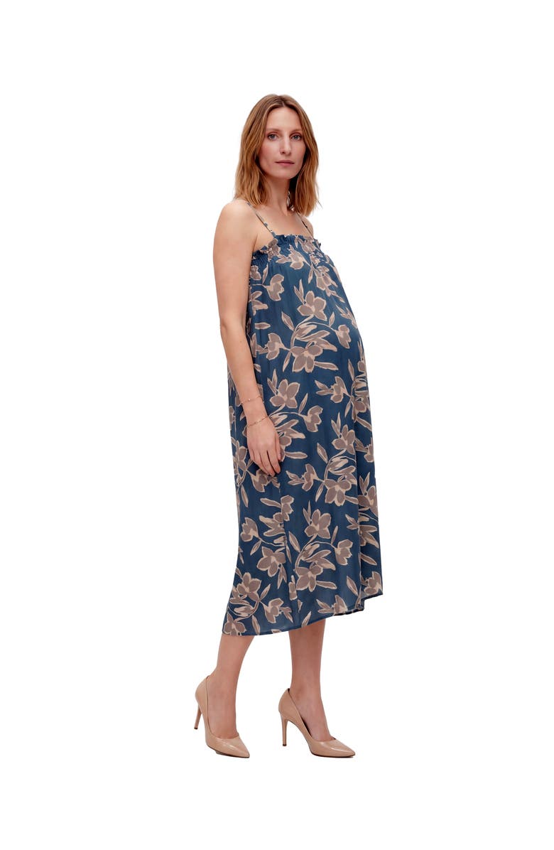 24seven Comfort Apparel Maternity Essential Floral Print Spaghetti Strap Smocked Pocket A-Line Maxi Dress, Alternate, color, Blue Multi