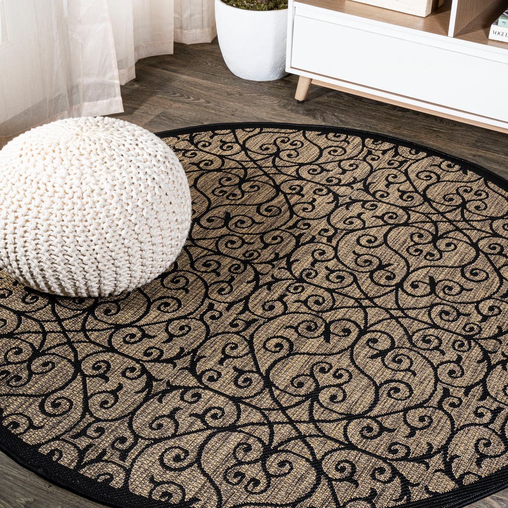 Shop Jonathan Y Madrid Vintage Filigree Textured Weave Indoor/outdoor Round Area Rug In Black/khaki
