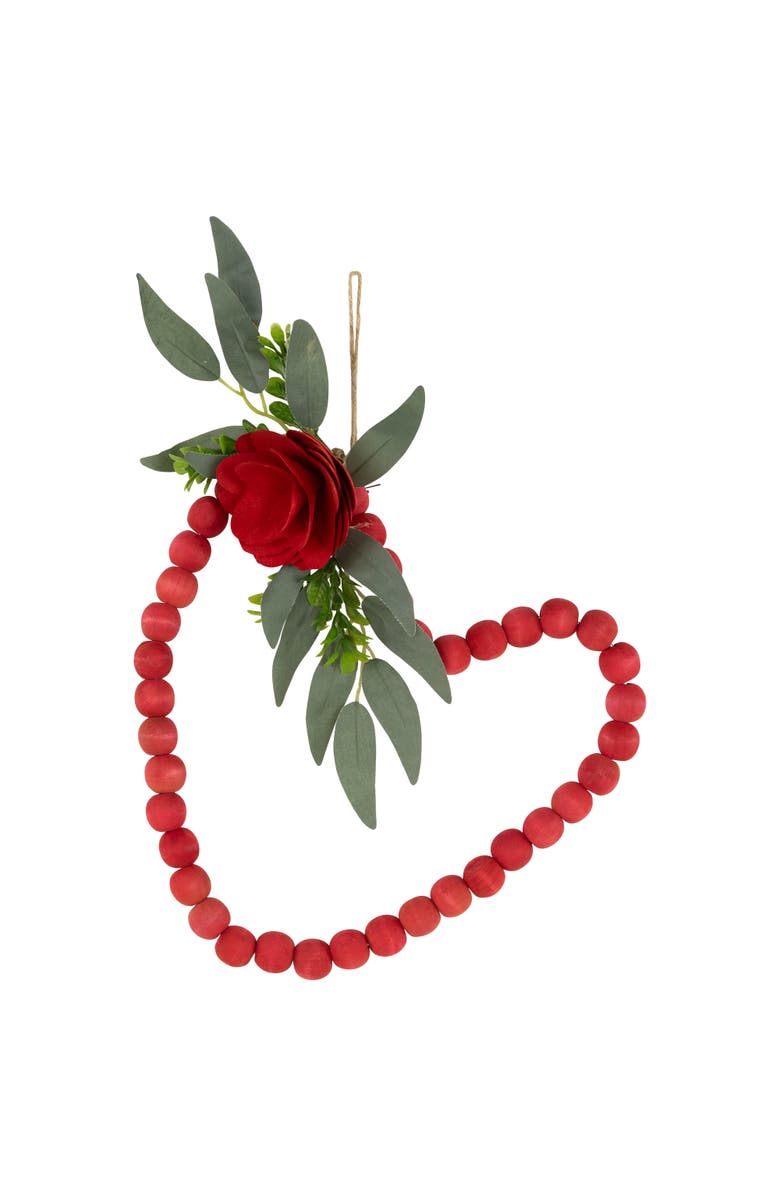 Northlight Wooden Beads with Rose Valentine's Day Heart Wall Decoration - 10.25" - Red, Main, color, Red