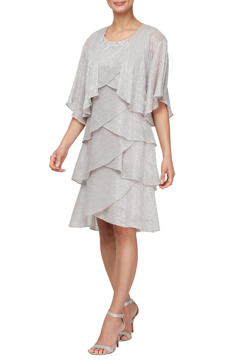SL FASHIONS Metallic Tiered Sleeveless Dress with Jacket, Main, color,