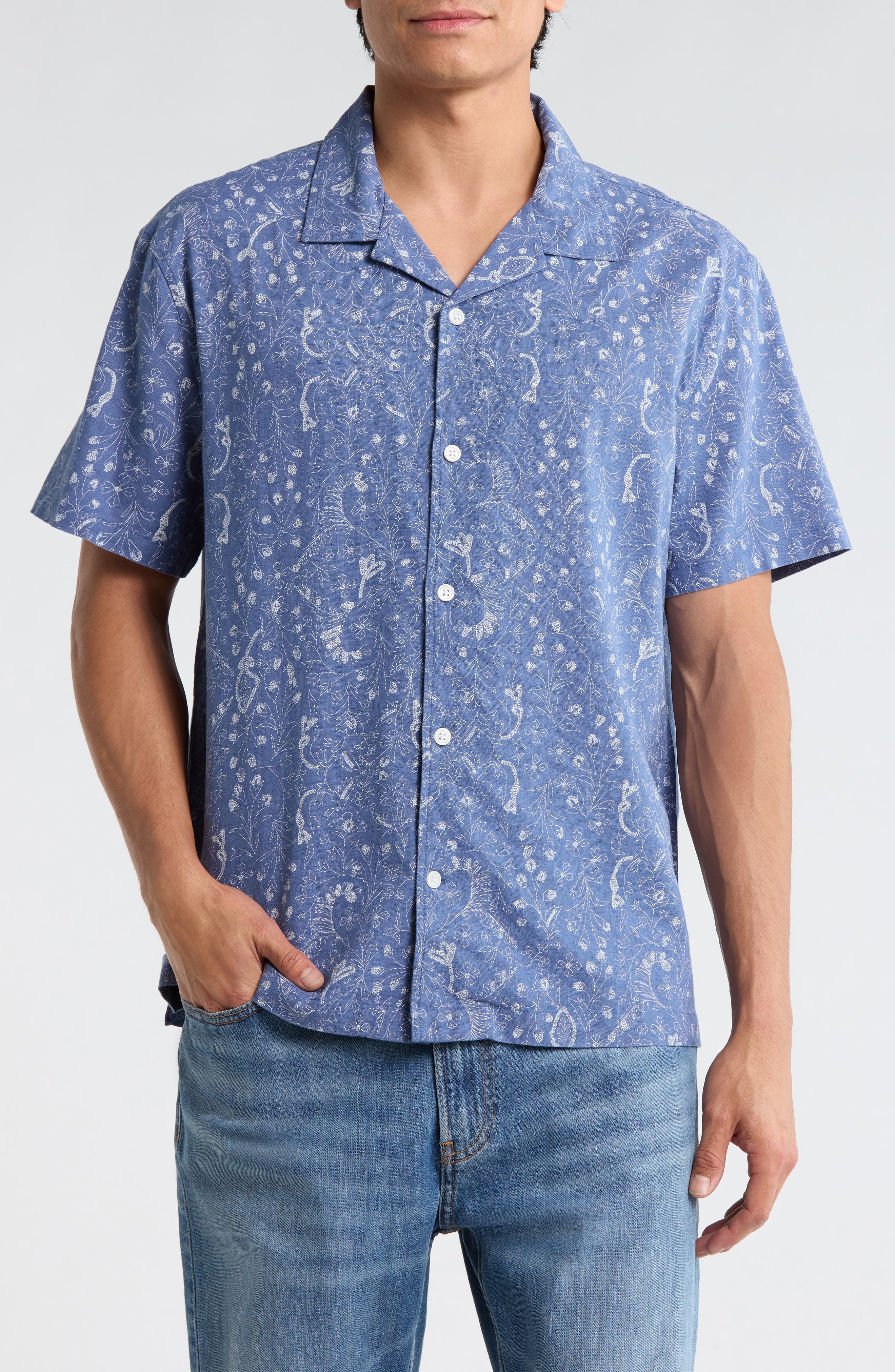 Embroidered Linen Blend Camp Shirt