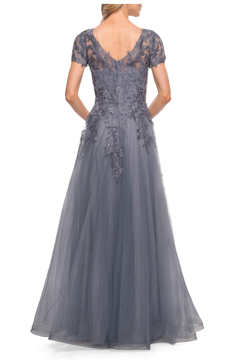 La Femme Lace and Tulle A-line Evening Gown with Cap Sleeve, Alternate, color, Slate