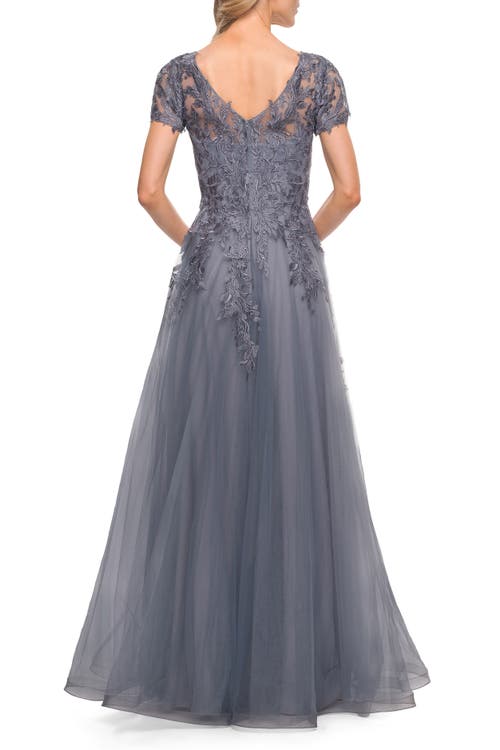 La Femme Lace And Tulle A-line Evening Gown With Cap Sleeve In Slate