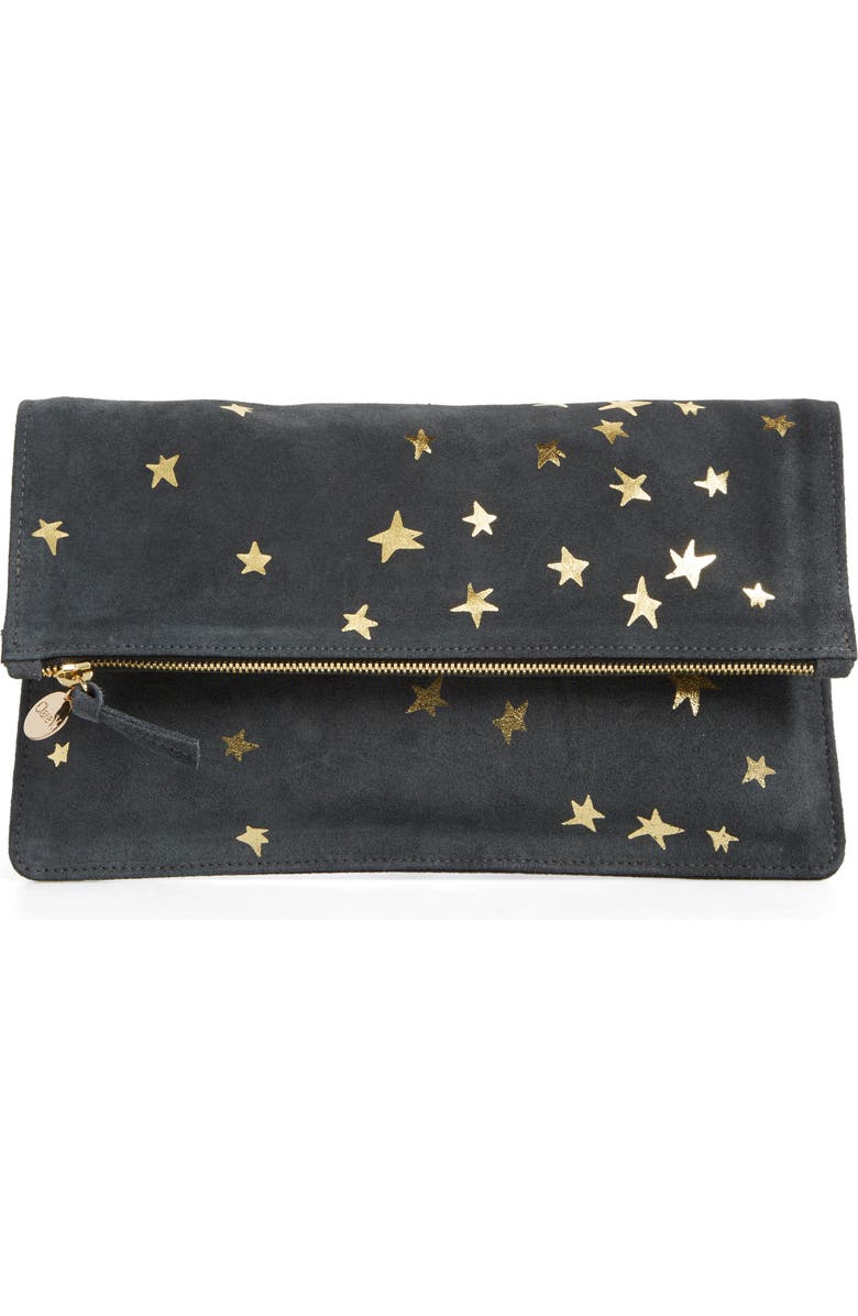 Clare V. Margot Star Print Foldover Suede Clutch, Main, color,