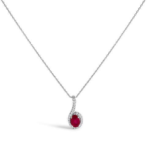 10K White Gold Red Ruby and Diamond Accent Teardrop Pendant Necklace