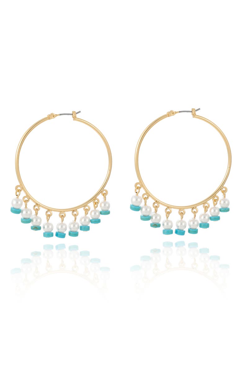 Ettika Reconstituted Turquoise & Faux Pearl Dangle Hoop Earrings, Alternate, color, Turquoise