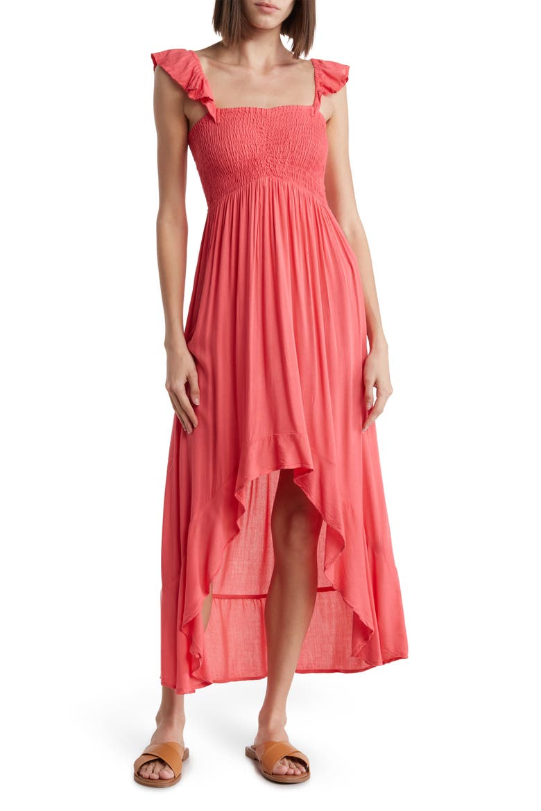 Maxi Ruffle Cover-Up Dress, Main, color, WATERMELON