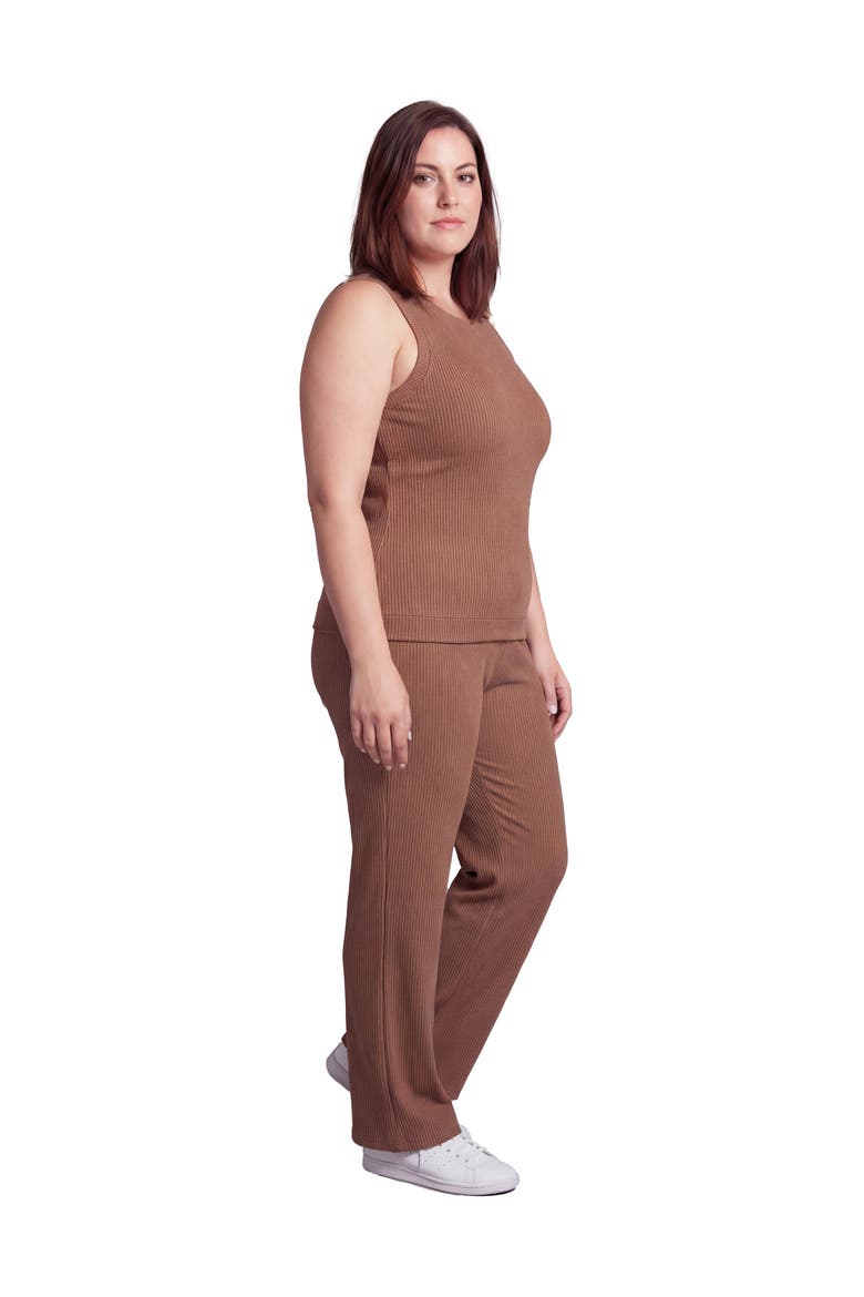 Curvy Basic Ribbed Knit Tank Top and Elastic Waist Wide Leg Pant Set, Alternate, color, Mocha
