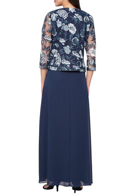 Alex Evenings Floral Embroidered Mock Two-piece Gown With Jacket In Blue