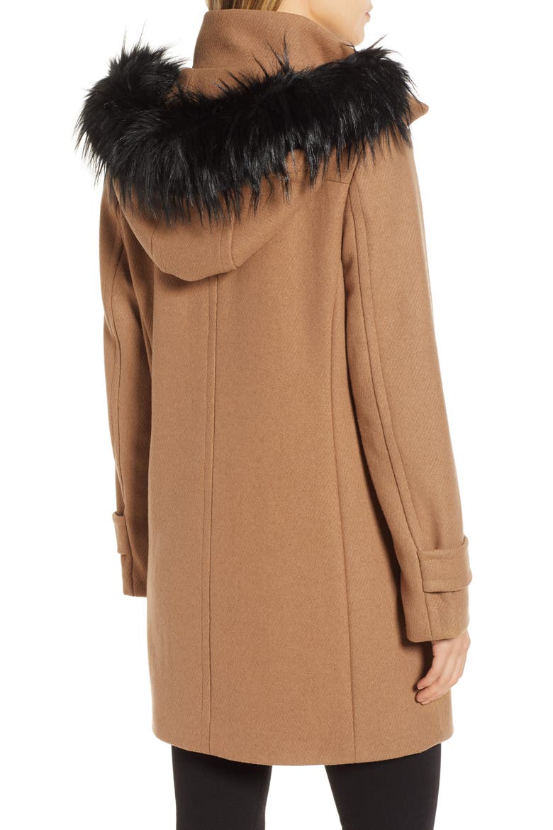 Wool Blend Twill Duffle Jacket with Faux Fur Trim, Alternate, color, CAMEL