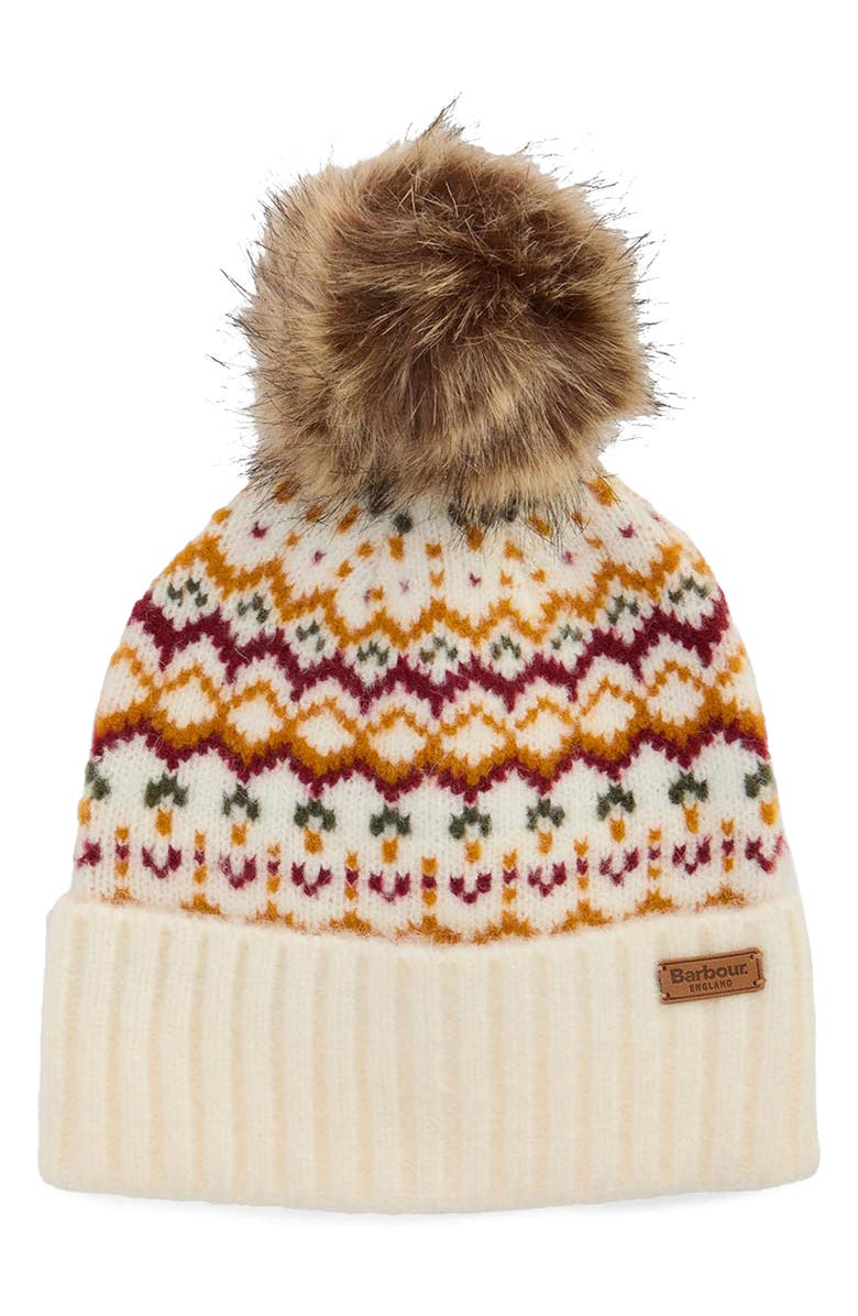 Barbour Kingsford Fair Isle Knit Beanie with Faux Fur Pom, Main, color, Cloud