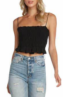 Smocked Linen Blend Crop Camisole