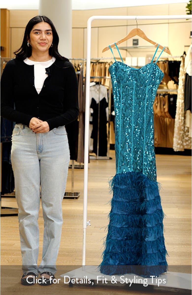 Sequin Feather Trim Strapless Gown, sales video thumbnail