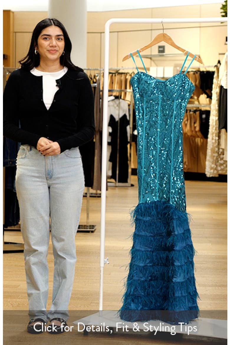 Sequin Feather Trim Strapless Gown video