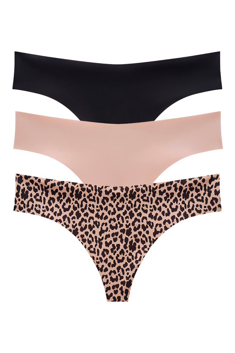 Assorted 3-Pack Zero Edge™ Invisible Thongs, Main, color, BLACK/TAUPE/ LEOPARD