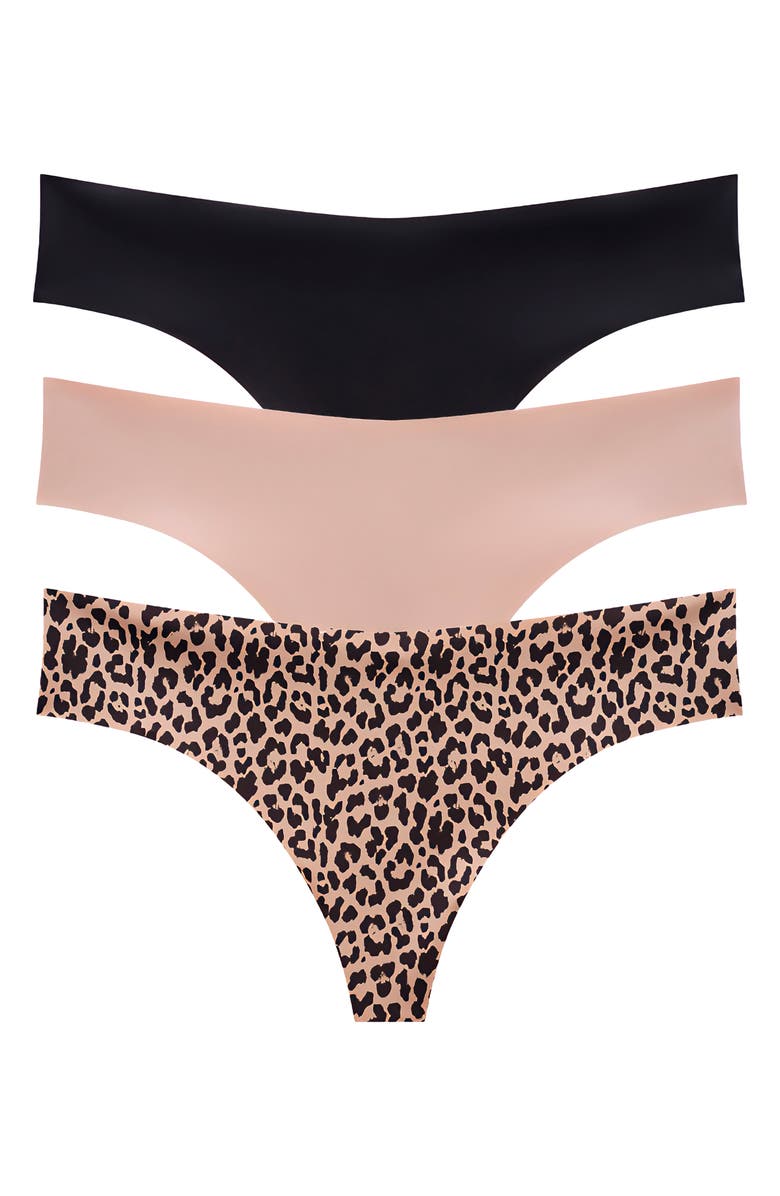 ThirdLove Assorted 3-Pack Zero Edge<sup>™</sup> Mid Rise No-Show Thongs, Main, color, Black/ Taupe/ Leopard