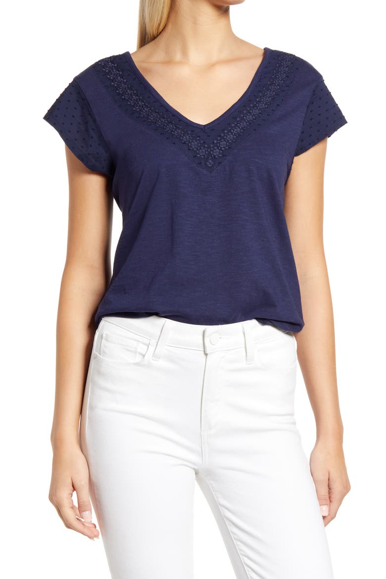 Embroidered Neck Short Sleeve Cotton Blend Top, Main, color, NAVY PEACOAT