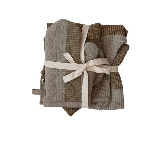 Storied Home Cotton Child Apron, Chef Hat, And Oven Mitt, Set Of 3 Pieces In Brown