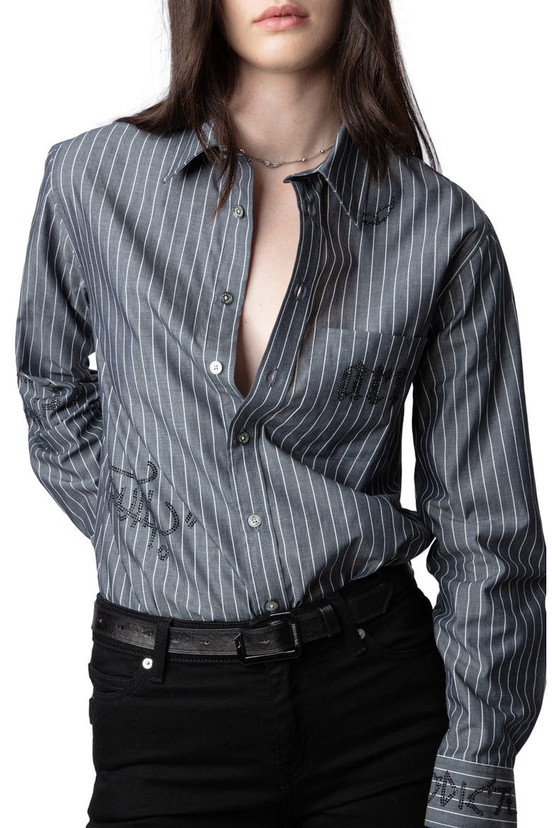 Taskiz Manifesto Stripe Embellished Cotton Button-Up Shirt, Alternate, color, EVENING