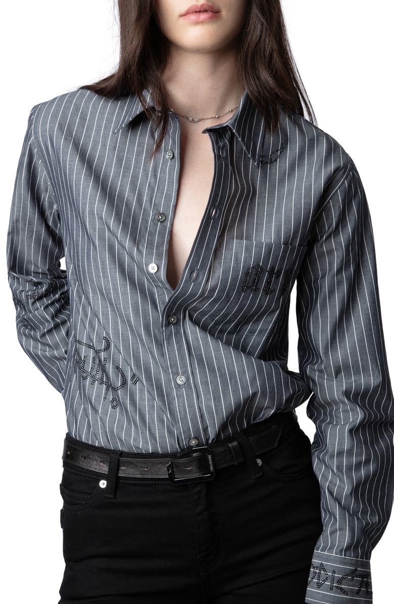 Zadig & Voltaire Taskiz Manifesto Stripe Embellished Cotton Button-Up Shirt, Alternate, color, Evening