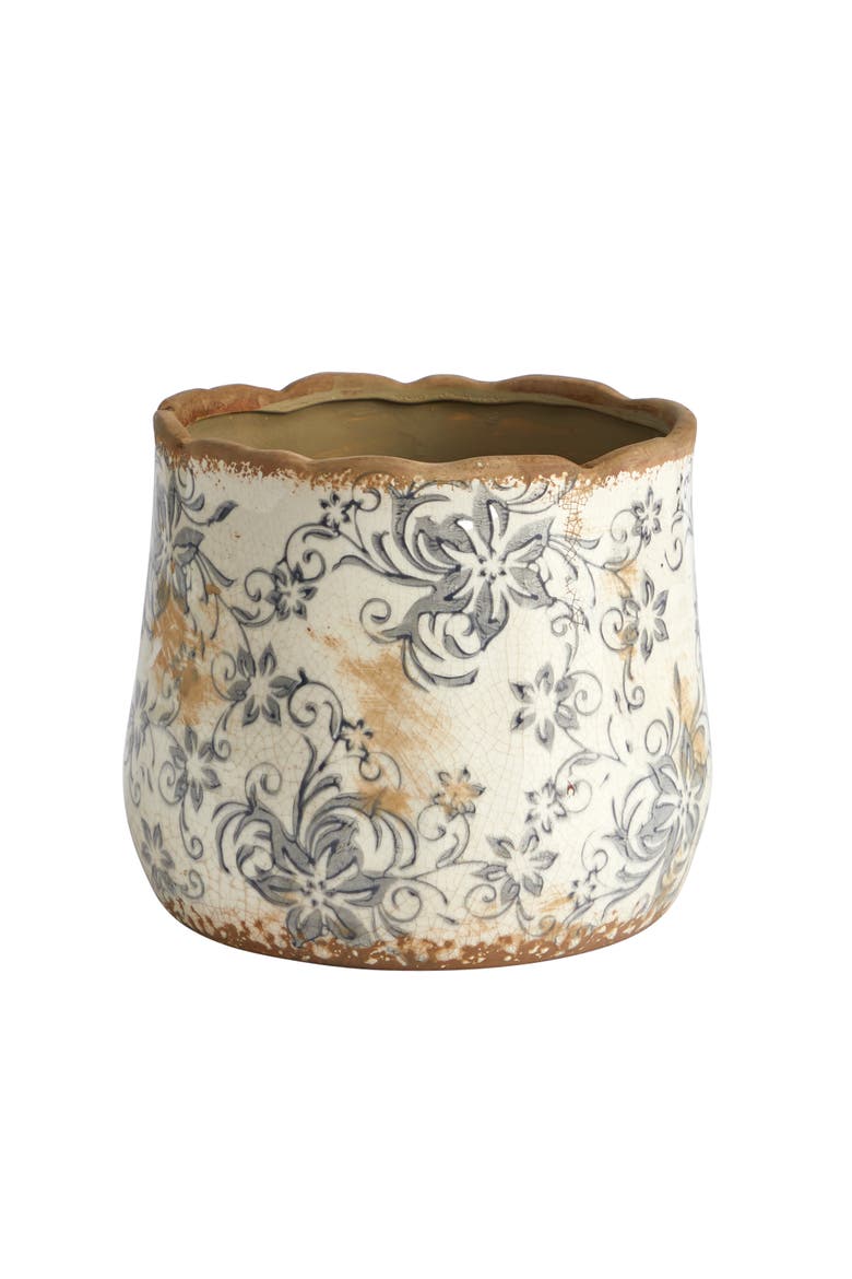 7-in Tuscan Ceramic Gray Scroll Planter, Main, color, White