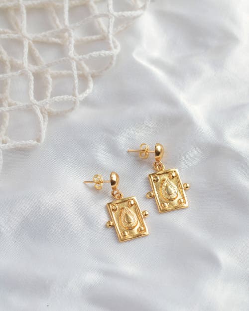 Ottoman Hands Tyche Engraved Drop Stud Earrings In Gold