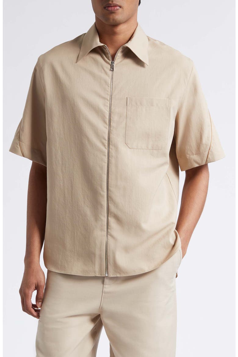 Embroidered Logo Short Sleeve Zip Shirt, Main, color, BEIGE