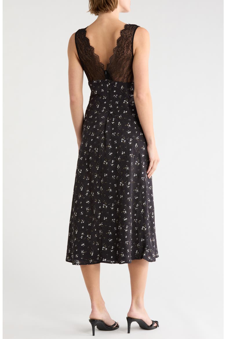 Lace Trim V-Neck Midi Dress, Alternate, color, BLACK FLORAL