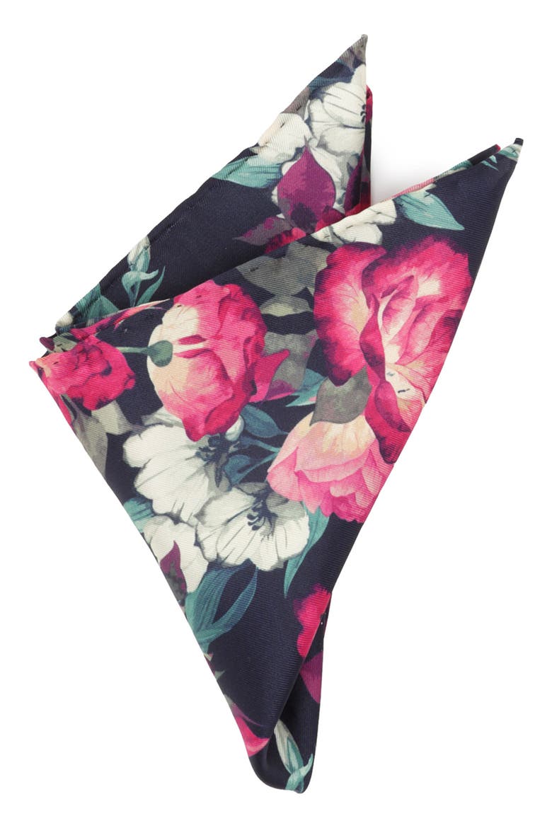 Painted Floral Silk Pocket Square, Main, color, NAVY