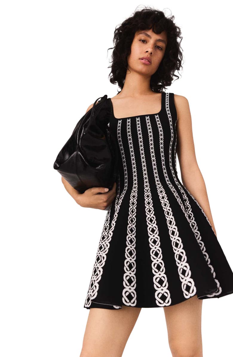 maje Mini jacquard knit dress, Alternate, color, White / Black