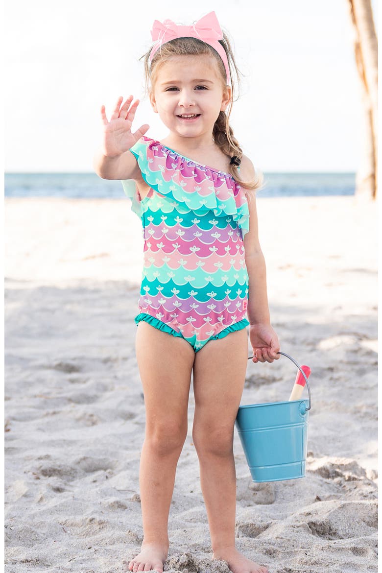 Mermaid One-Shoulder One-Piece Swimsuit & Headband Set, Alternate, color, BLUE