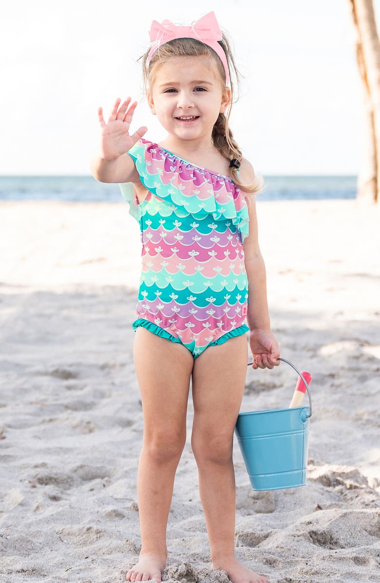 RuffleButts Mermaid One-Shoulder One-Piece Swimsuit & Headband Set, Alternate, color, Blue