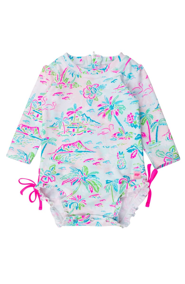 RuffleButts Baby Girls Long Sleeve UPF50+ One Piece Rash Guard, Main, color, Tropical Resort