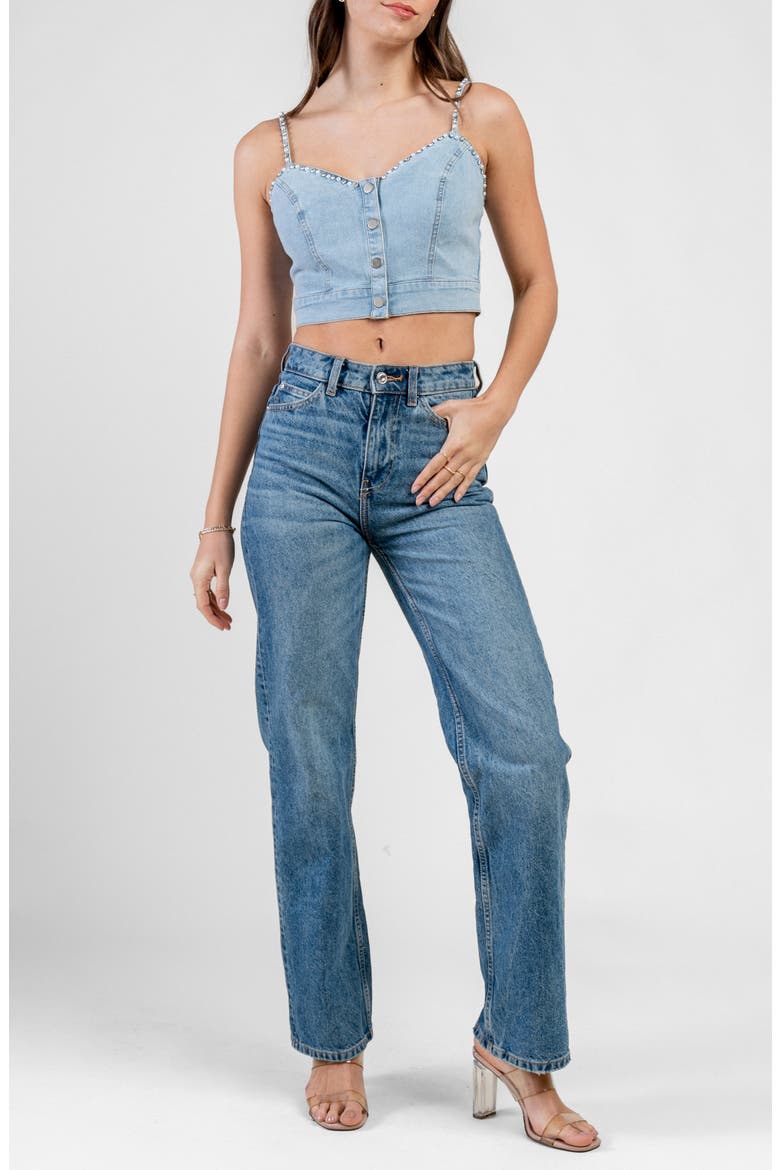 Studded Stretch Denim Crop Top, Alternate, color, LT DENIM