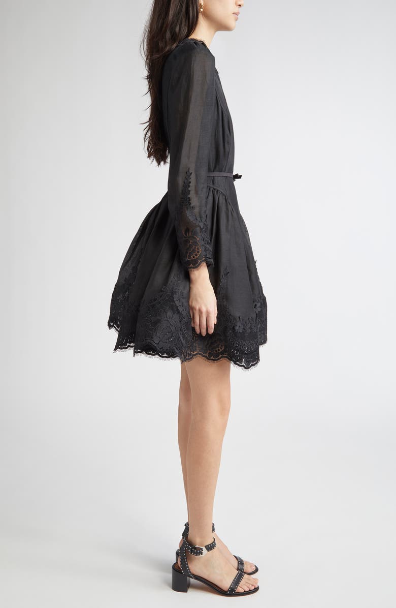Zimmermann Hypnotic Lace Trim Long Sleeve Belted Linen & Silk Minidress, Alternate, color, Black