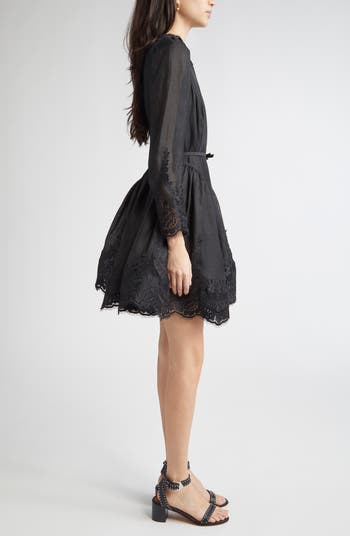 Hypnotic Lace Trim Long Sleeve Belted Linen & Silk Minidress