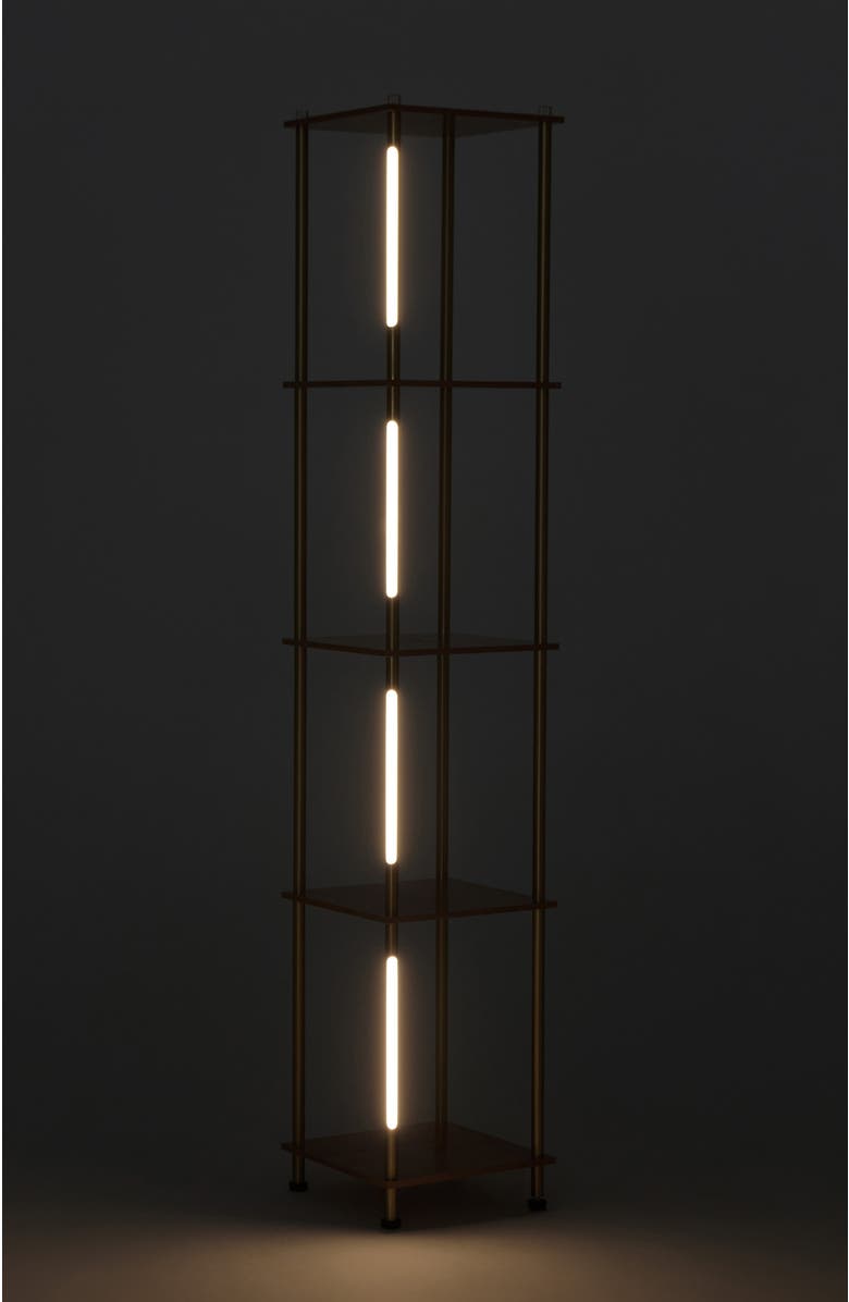 Brightech Aria 63" Touch LED Wood Shelf Floor Lamp with Wireless Charging Pad, Alternate, color, Antique Brass