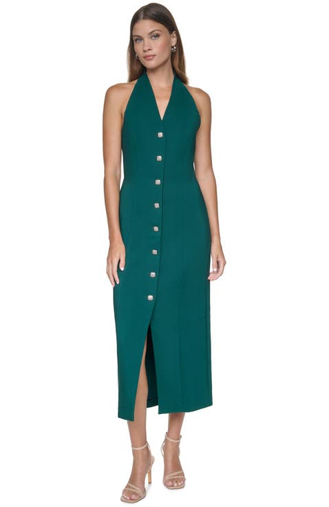 Halter Button-front Midi Dress