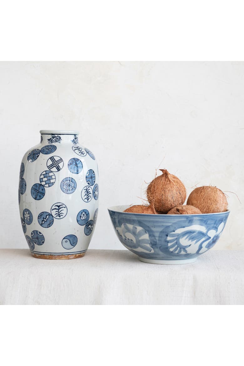 Hand Painted Stoneware Bowl with Floral Design, Blue and White, Alternate, color, Blue