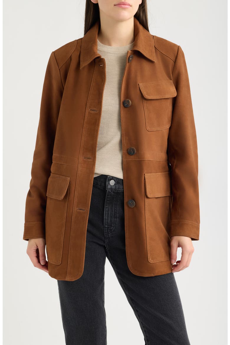 Cinched Waist Leather Suede Jacket, Main, color, TOBACCO