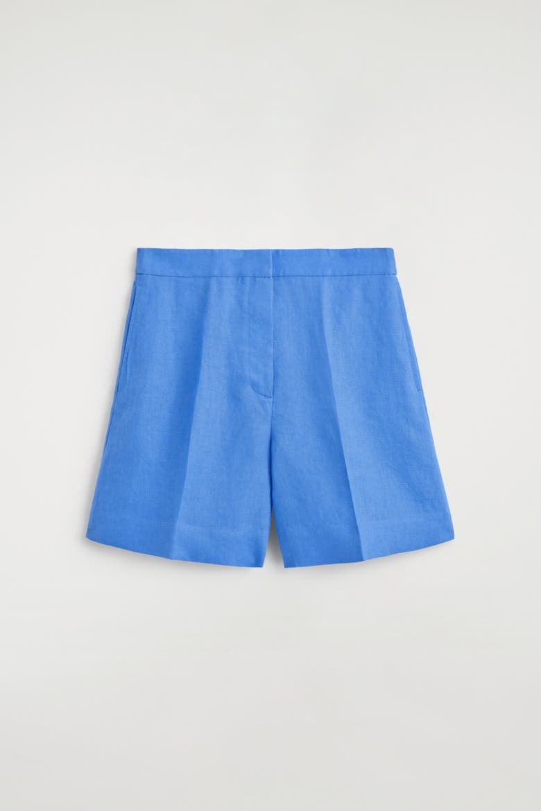 Tailored Elasticated Linen Shorts, Alternate, color, BLUE